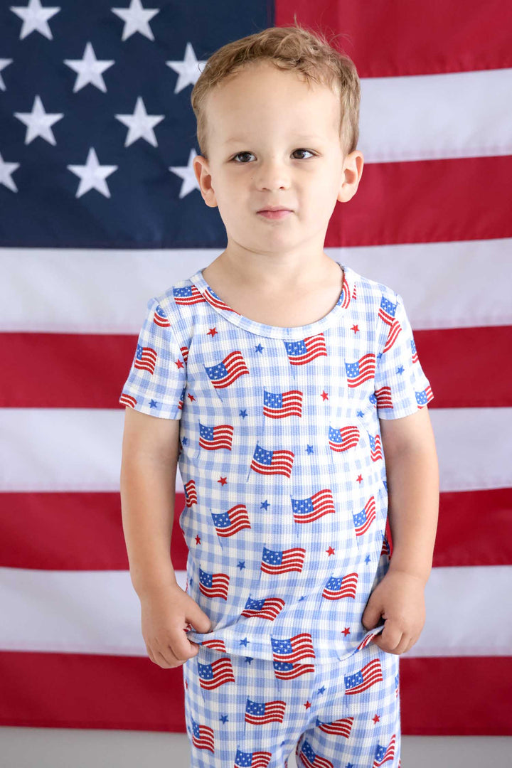 bamboo waffle fabric detail - star spangled picnic two piece pajama set