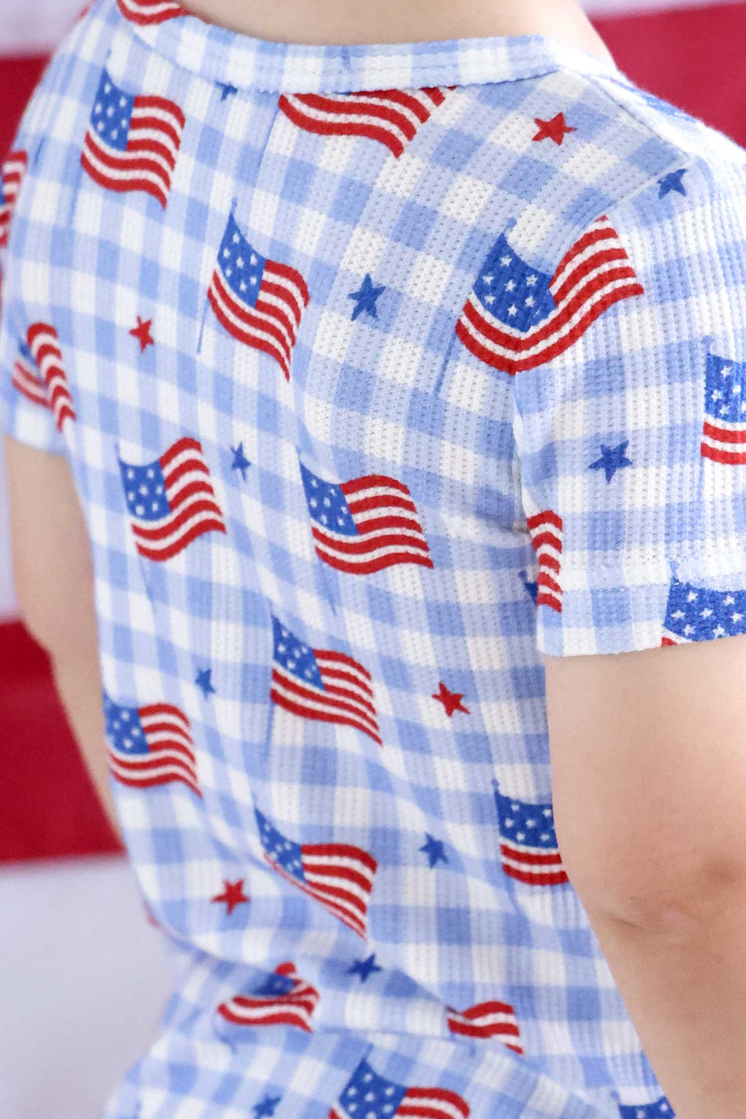 close-up of bamboo waffle star spangled picnic two piece pajama set
