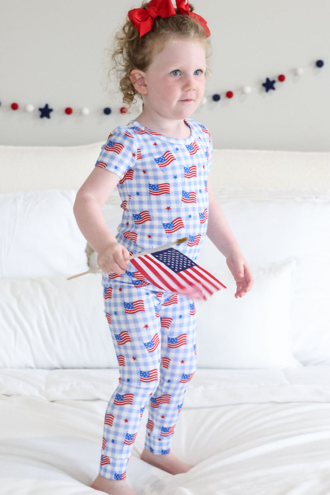 detail view of red bamboo waffle two piece pajama set - star spangled picnic