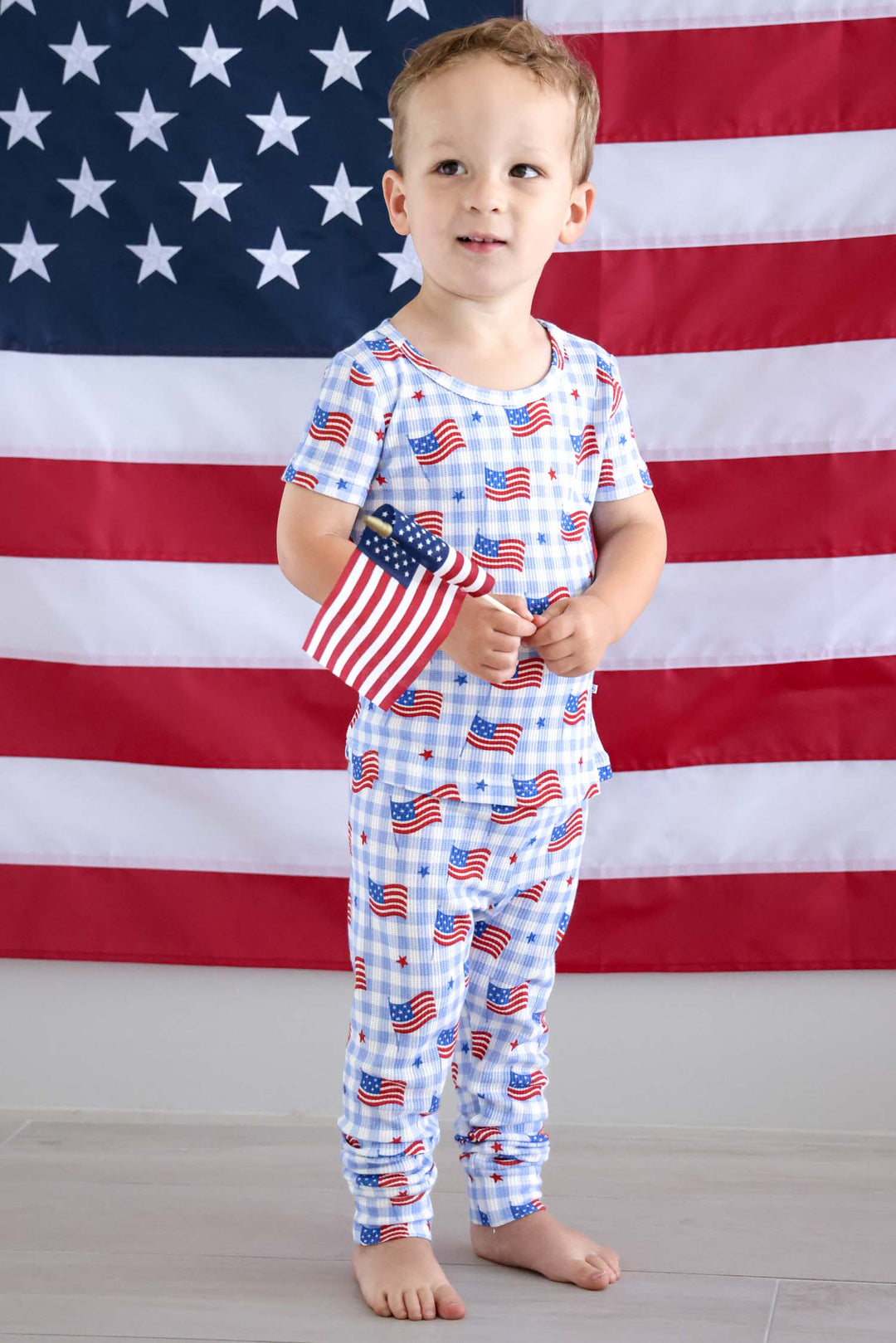 bamboo waffle red two piece pajama set in star spangled picnic print - 4th of july