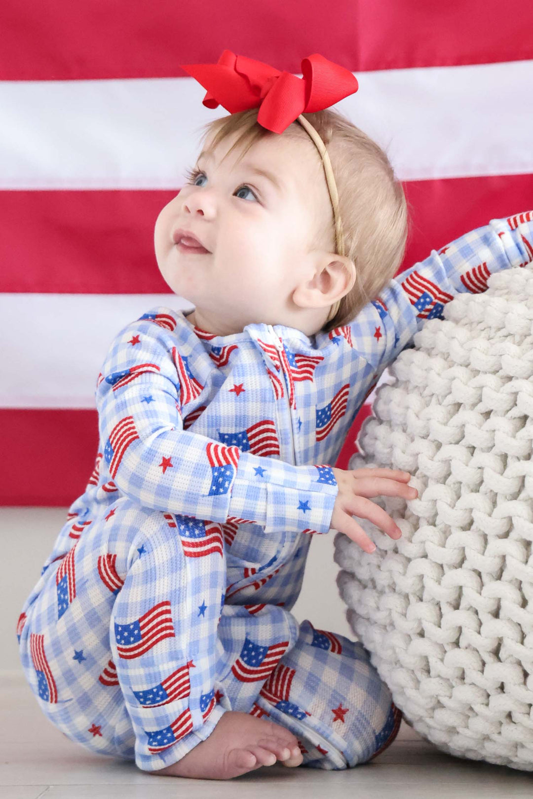 bamboo waffle red convertible zip romper in star spangled picnic print - 4th of july