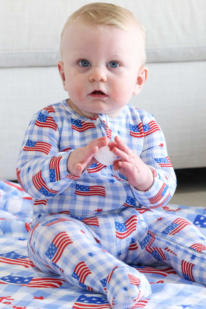 close-up of bamboo waffle star spangled picnic zipper footie