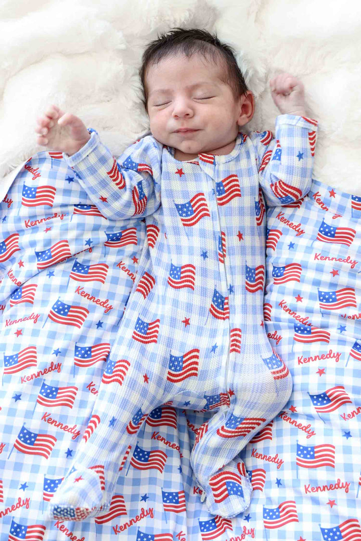 bamboo waffle red zipper footie in star spangled picnic print - 4th of july