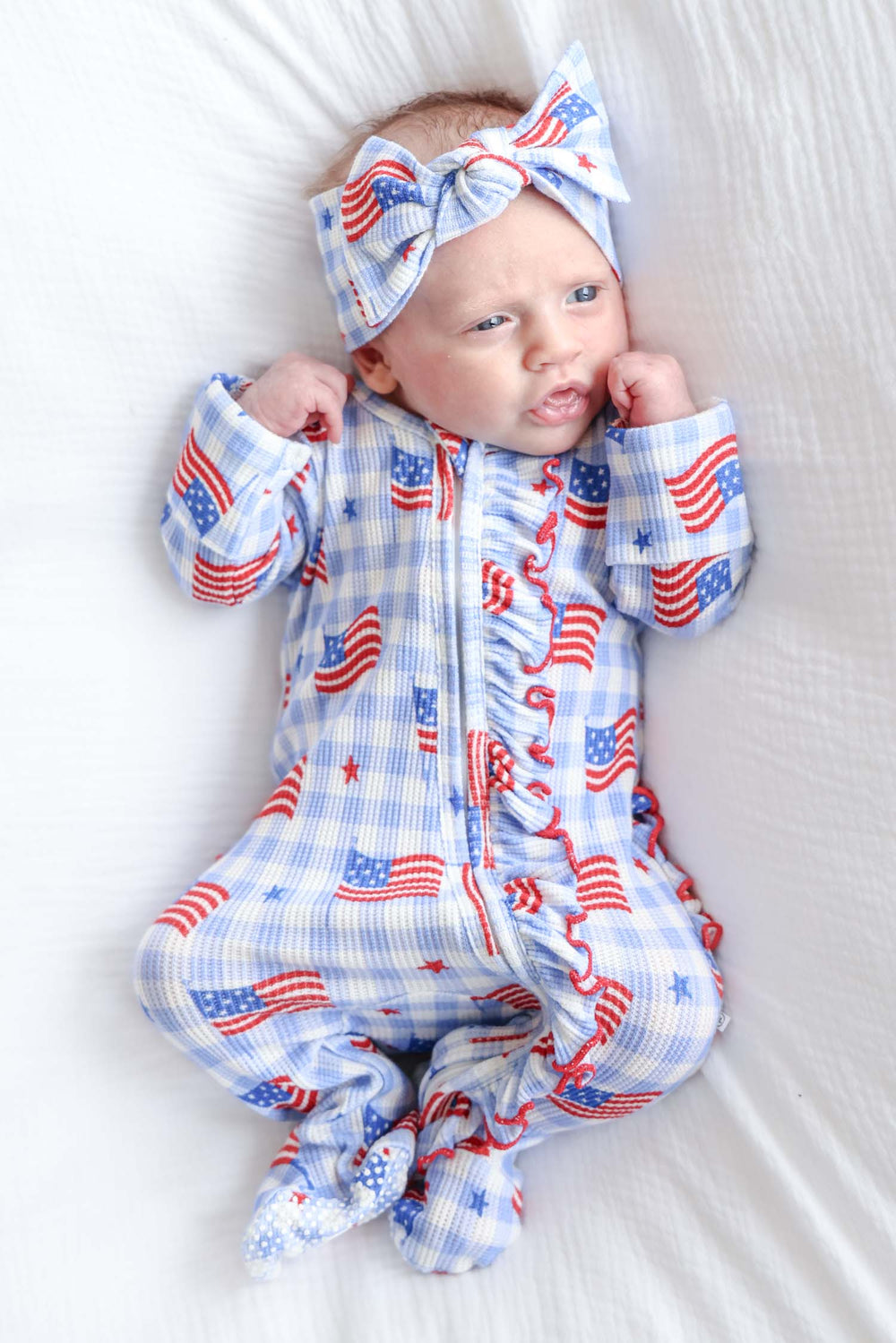 bamboo waffle red bow headband - star spangled picnic - 4th of july gingham