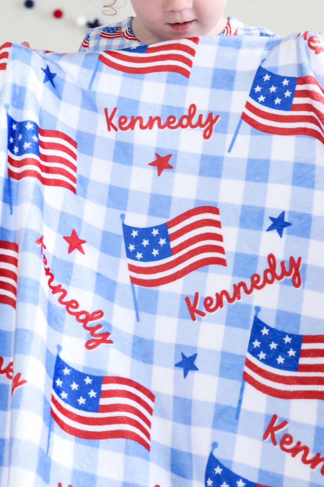 baby wearing bamboo waffle kids blanket in star spangled picnic - 4th of july