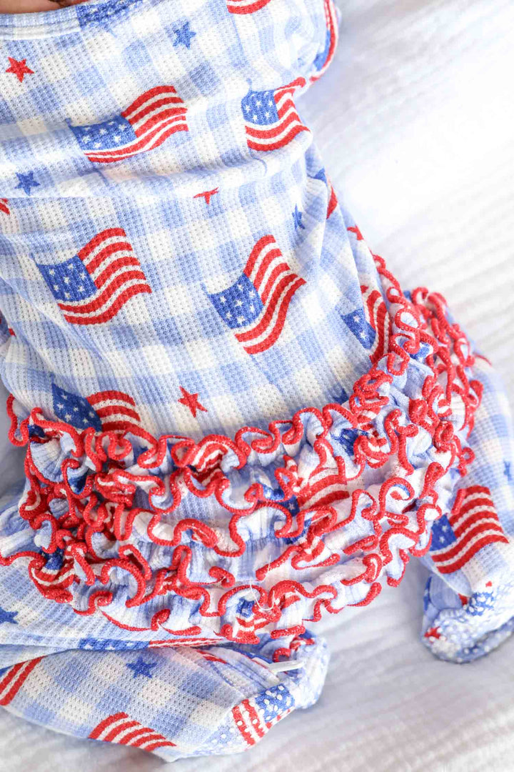 bamboo waffle red ruffle zipper footie in star spangled picnic print - 4th of july