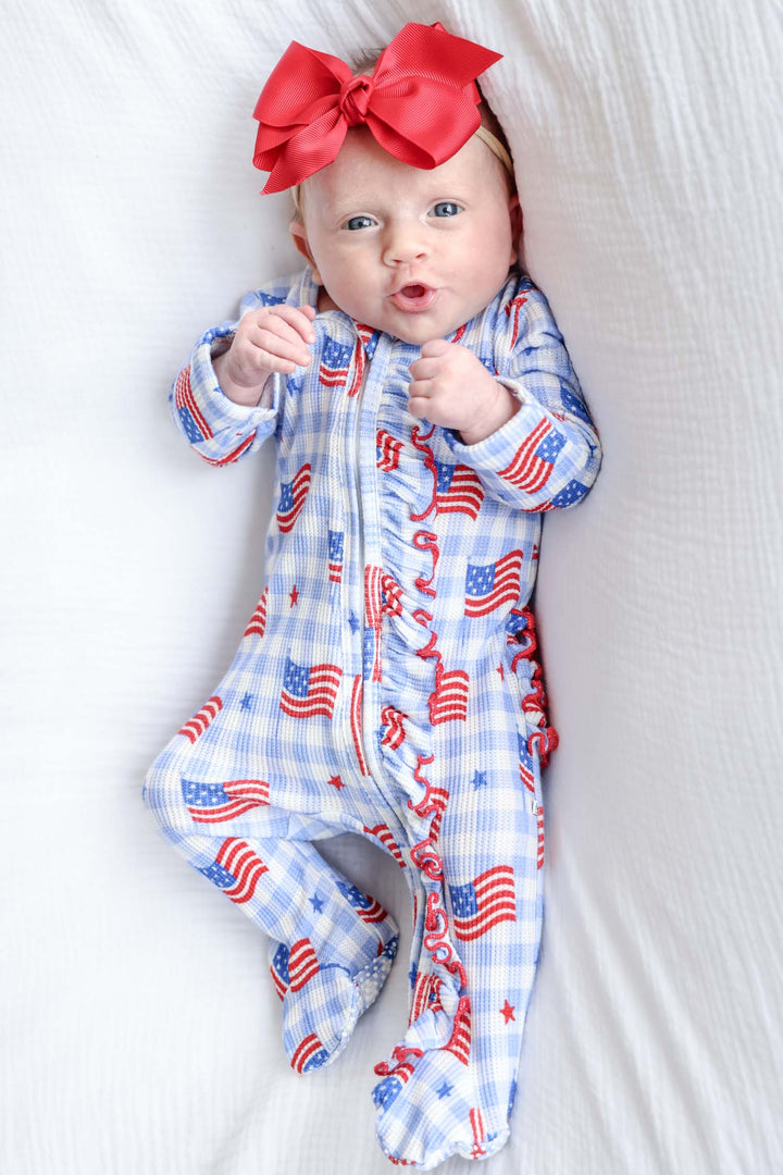 bamboo waffle fabric detail - star spangled picnic ruffle zipper footie