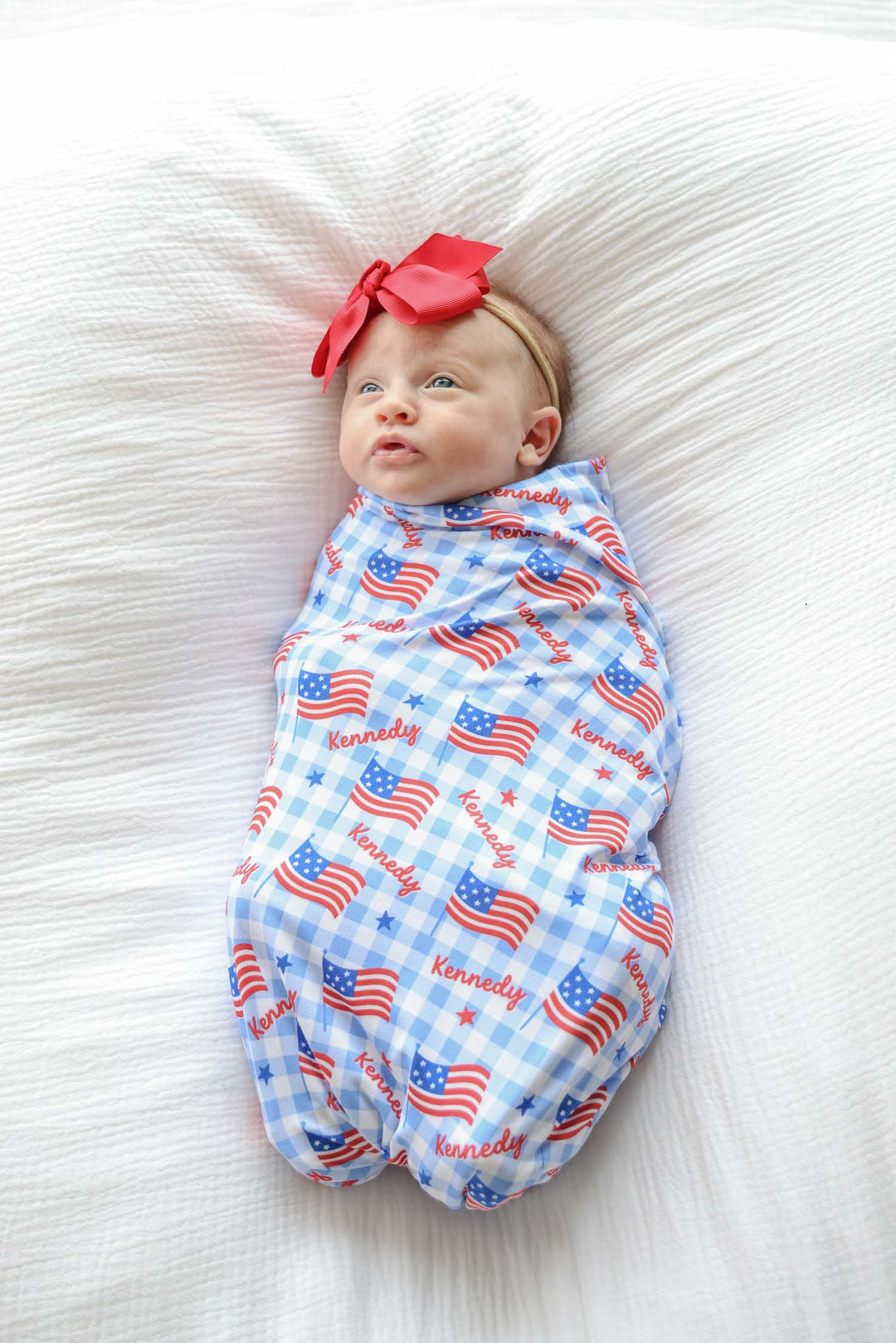 bamboo waffle blue swaddle blanket in star spangled picnic print - 4th of july