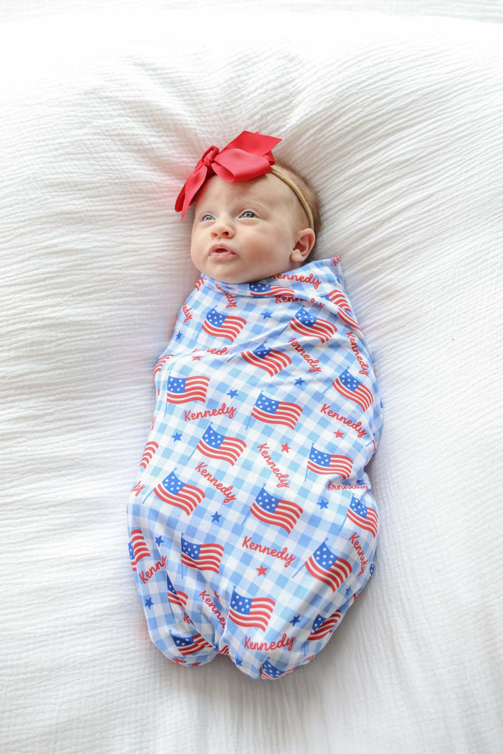 bamboo waffle blue swaddle blanket in star spangled picnic print - 4th of july