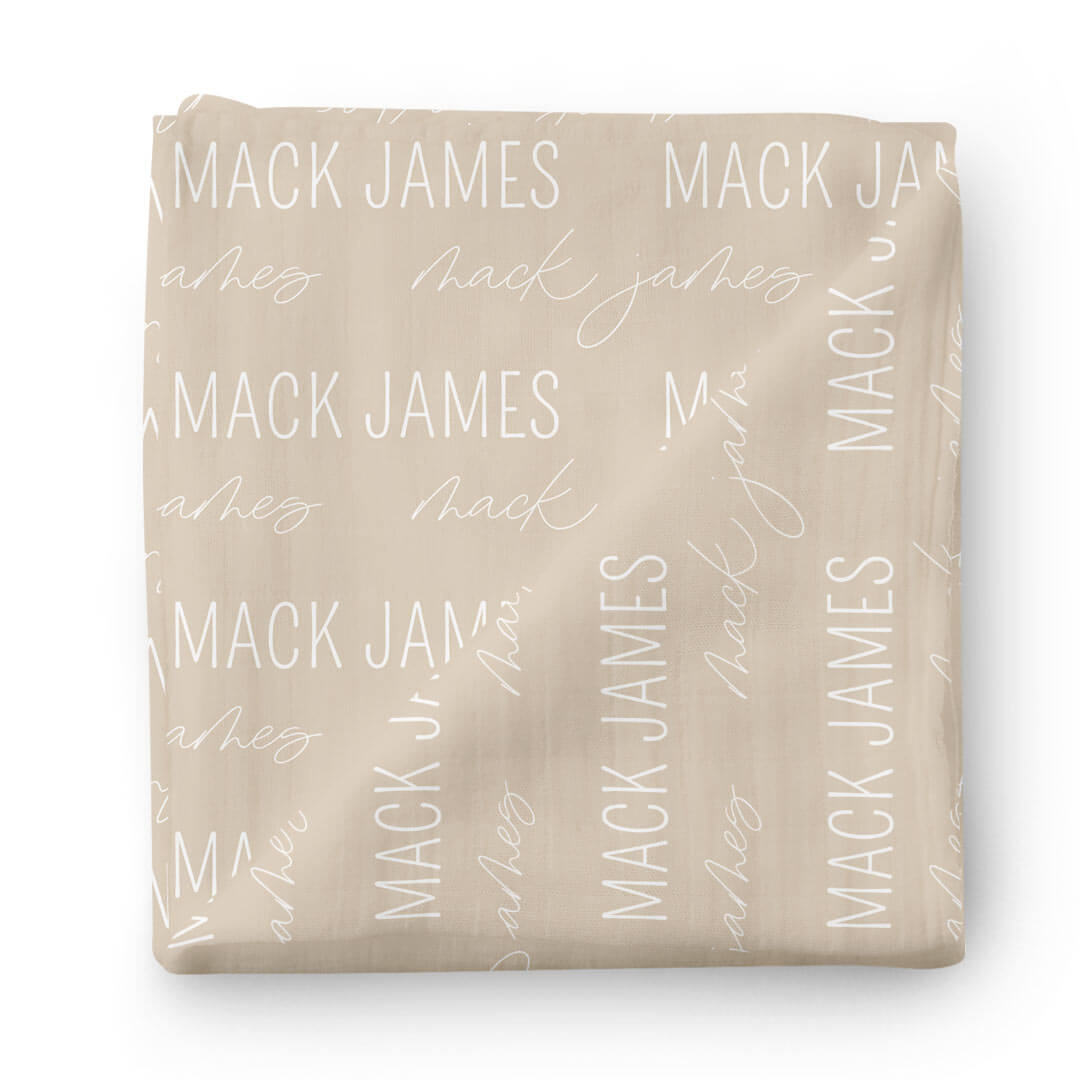 block and script tan personalized swaddle 