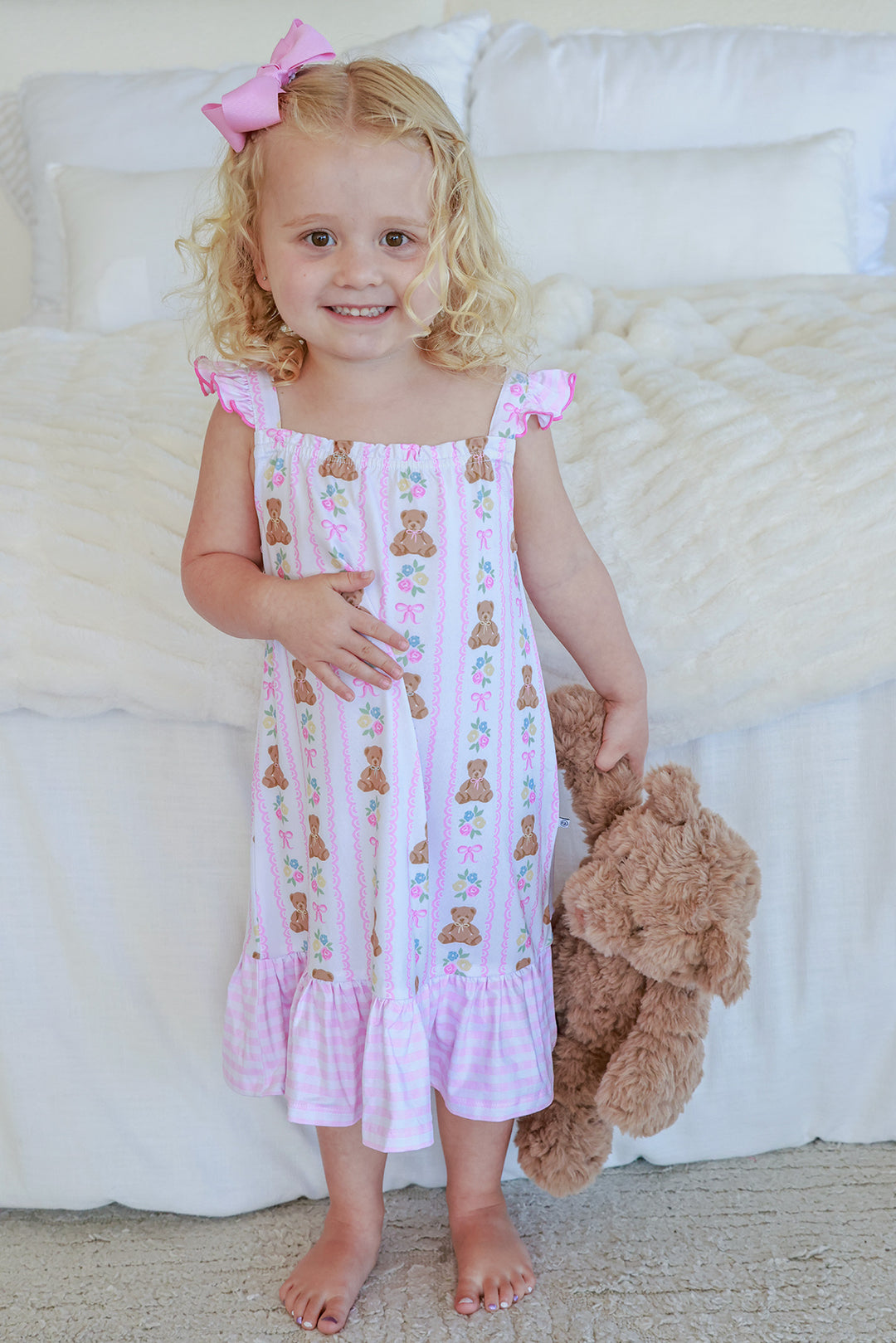 Young girl standing holding teddy bear stuffed animal wearing Full Length Ruffle Nightgown in Beary Lovely print, full body view