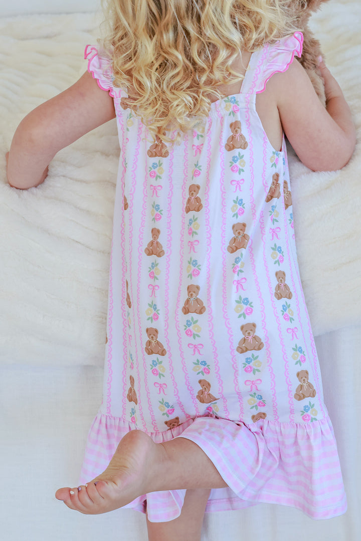 Back view of Full Length Ruffle Nightgown in Beary Lovely showing teddy bear stripe print and pink gingham ruffle hem, full length view