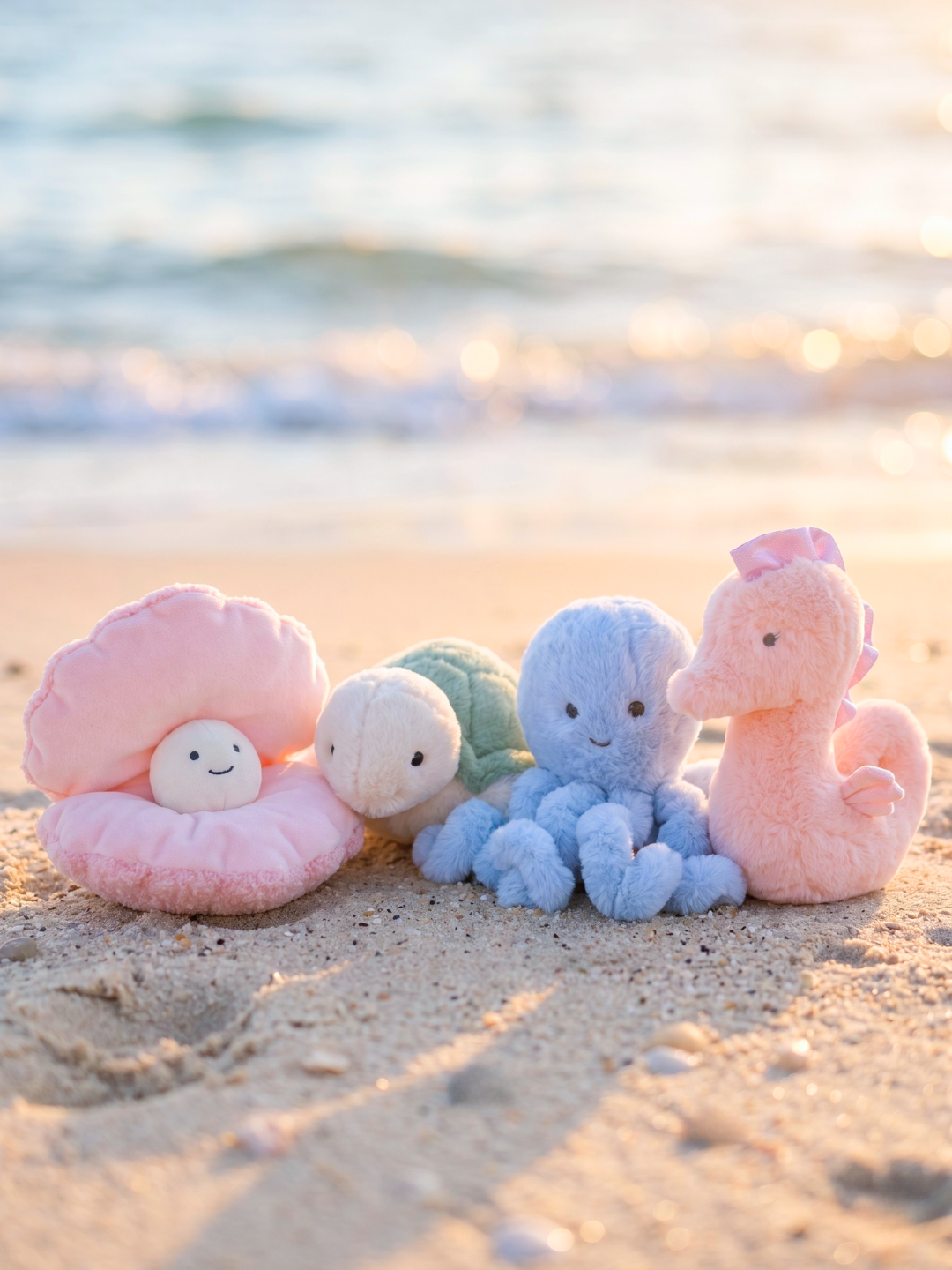 large summer cuddle plush friends group at the beach — ocean stuffed animals including seahorse, sea turtle, and octopus