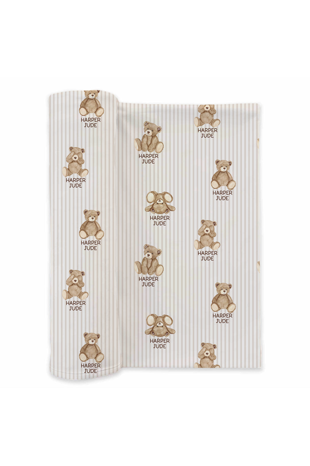 Flat lay of a partially unrolled Caden Lane cream knit swaddle in a Bear Stripe print featuring brown teddy bears and taupe pinstripes, reading "Harper Jude."
