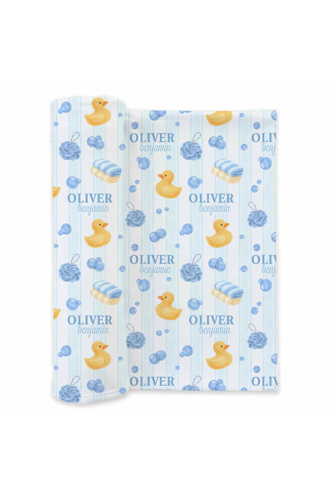 Product mockup of blue Bubble Duckies personalized swaddle blanket with yellow rubber duck and blue bubble print with custom name