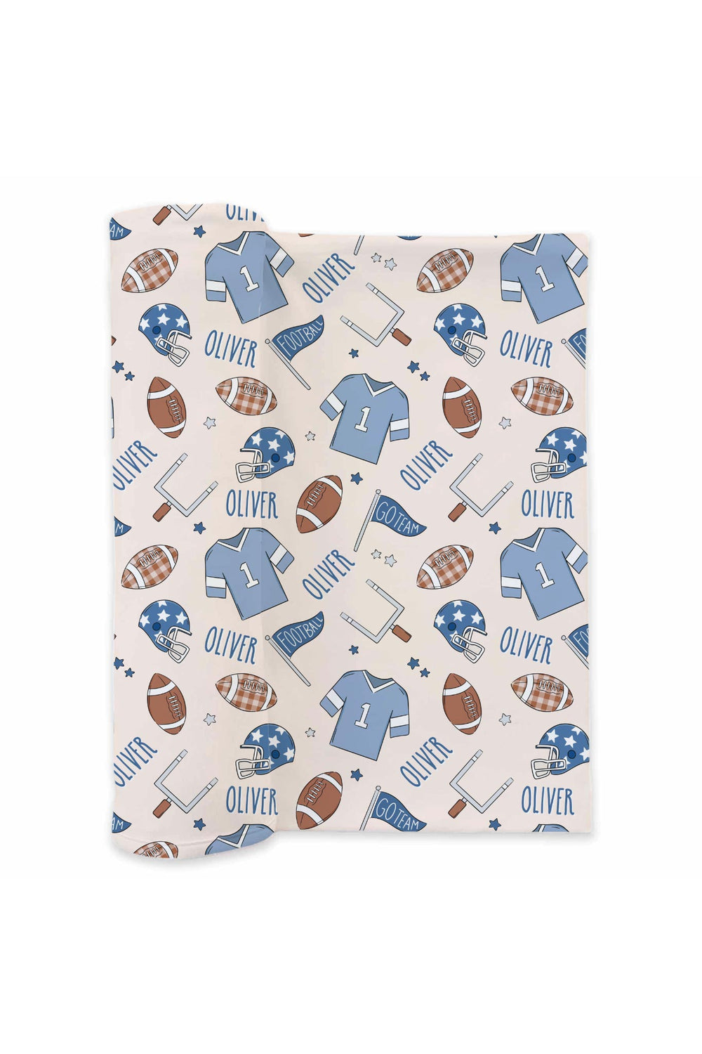 Caden Lane personalized swaddle blanket in blue football print, laid flat, showing jerseys, helmets, footballs, goal posts, and the custom name "Oliver" repeated throughout.