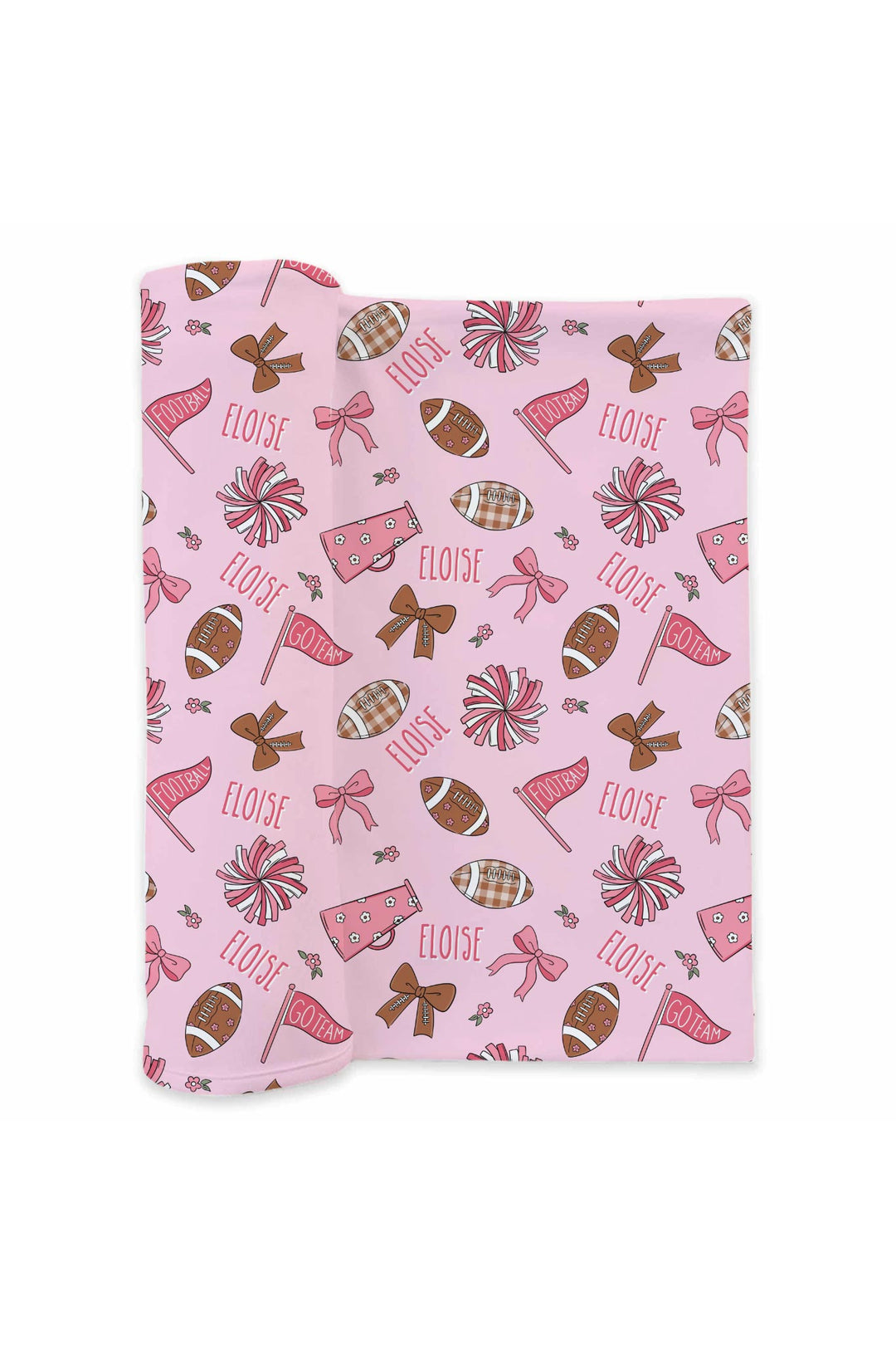 Caden Lane personalized swaddle blanket in pink football print, laid flat, showing footballs, bows, pom poms, megaphones, and the custom name "Eloise" repeated throughout