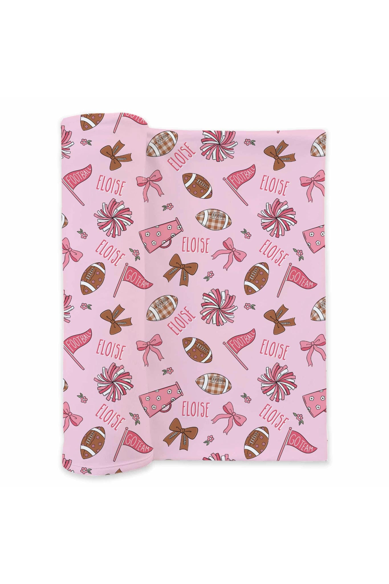 Caden Lane personalized swaddle blanket in pink football print, laid flat, showing footballs, bows, pom poms, megaphones, and the custom name "Eloise" repeated throughout
