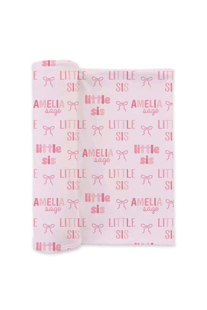 little sis bow personalized swaddle blanket in pink