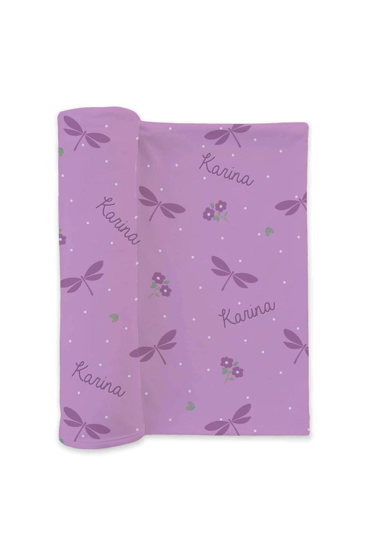 purple dragonfly personalized swaddle blanket 