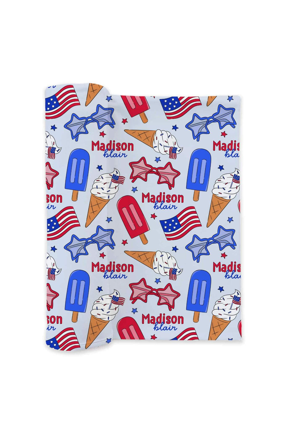caden lane personalized patriotic swaddle blanket in red white and cool - 4th of july baby