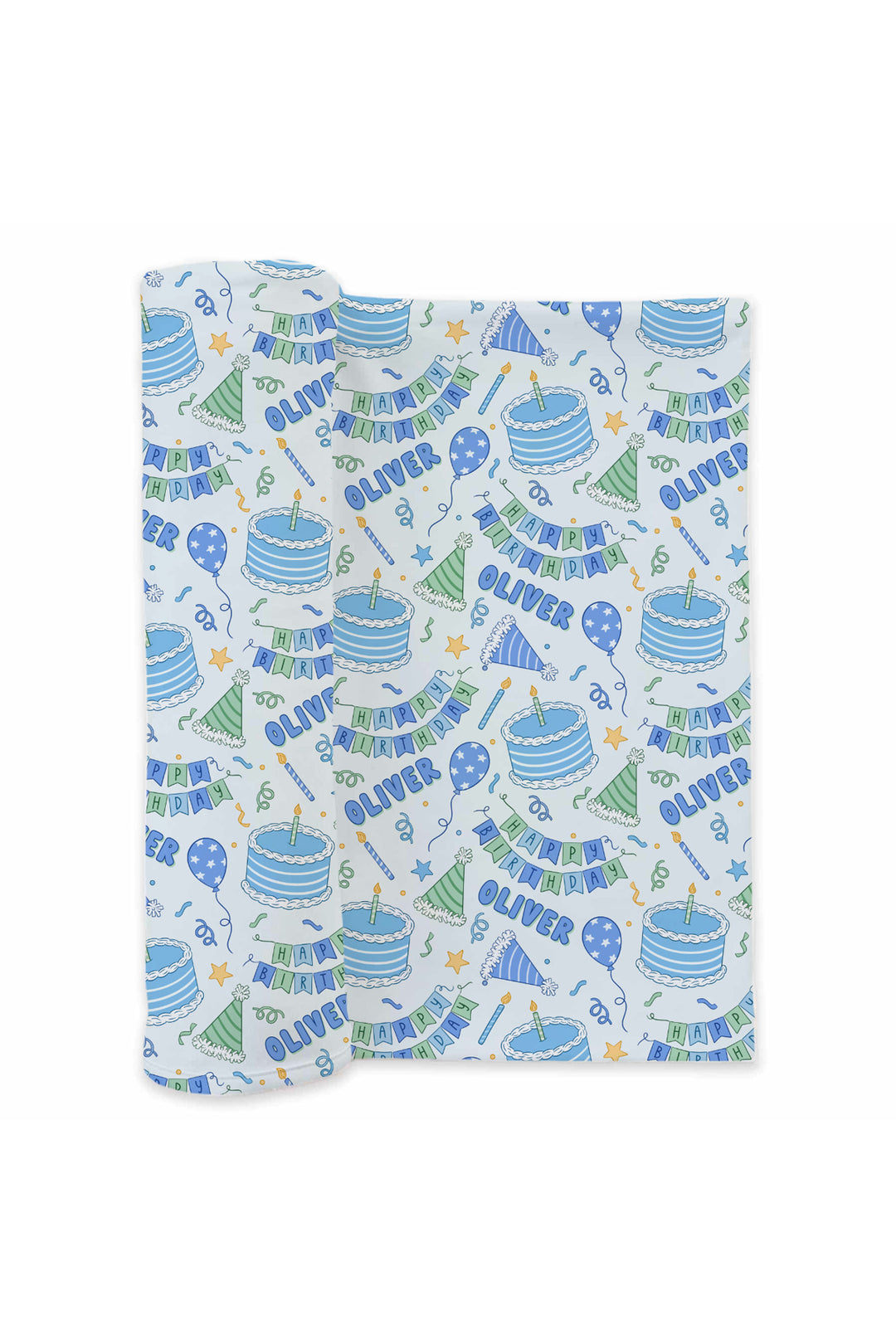 A Caden Lane swaddle featuring a light blue and white background with a festive party pattern of blue and green birthday cakes, party hats, streamers, balloons, and the name 'Oliver' printed repeatedly.