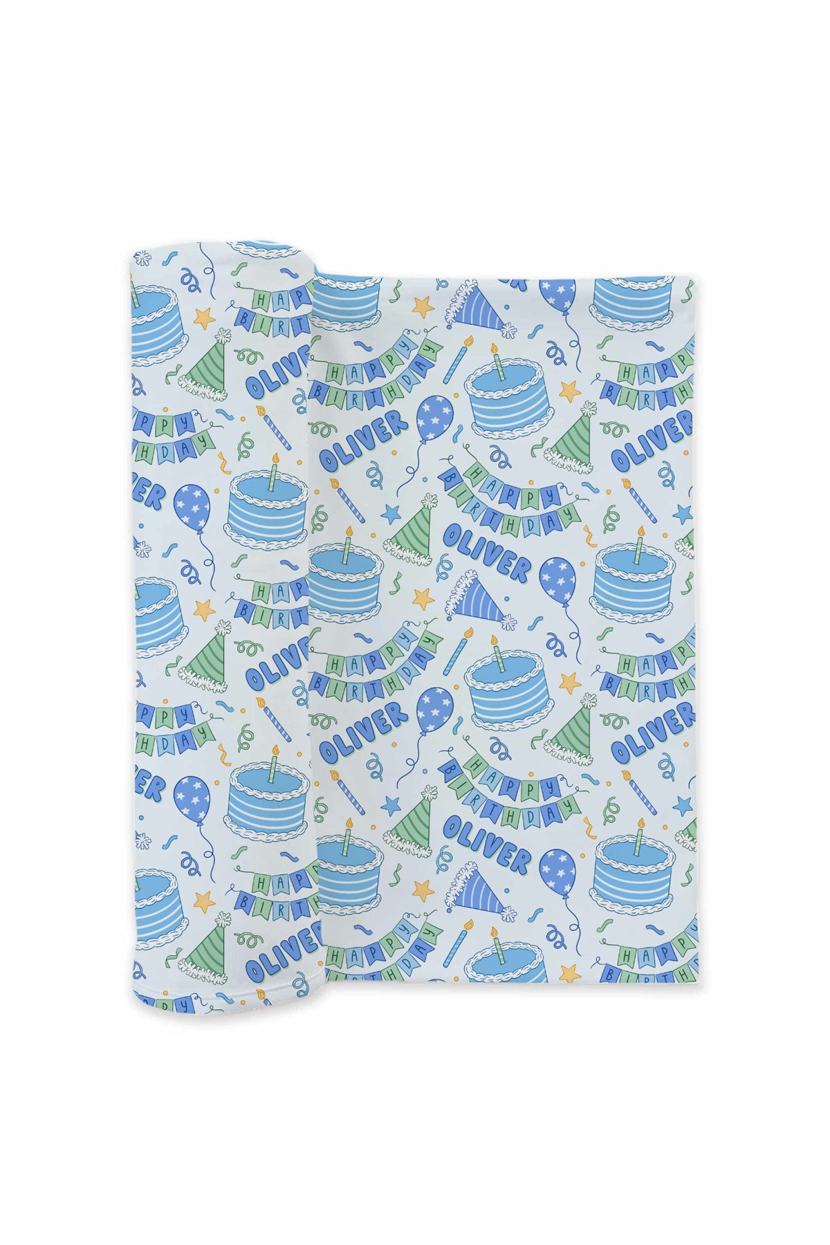 A Caden Lane swaddle featuring a light blue and white background with a festive party pattern of blue and green birthday cakes, party hats, streamers, balloons, and the name 'Oliver' printed repeatedly.