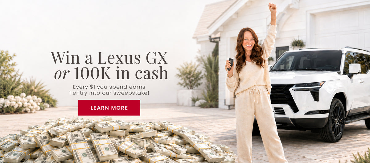 Caden Lane Sweepstake promotional banner. "Win a Lexus GX or 100K in cash. Every $1 you spend earns 1 entry into our sweepstake! LEARN MORE"