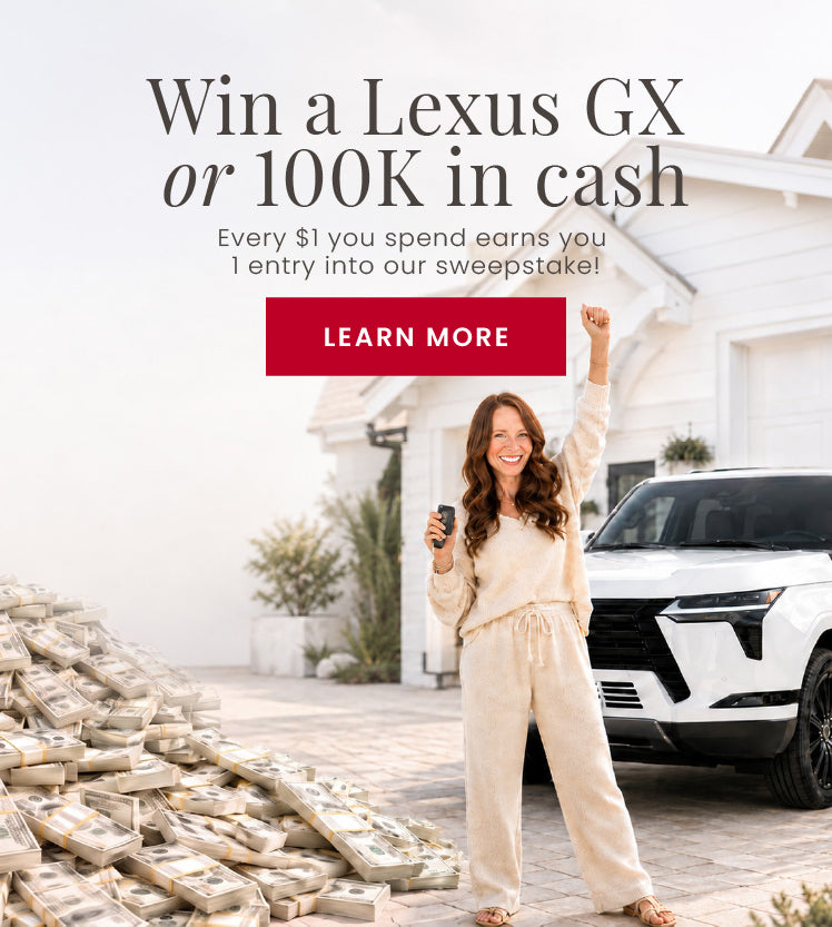 Caden Lane Sweepstake promotional banner. "Win a Lexus GX or 100K in cash. Every $1 you spend earns 1 entry into our sweepstake! LEARN MORE"