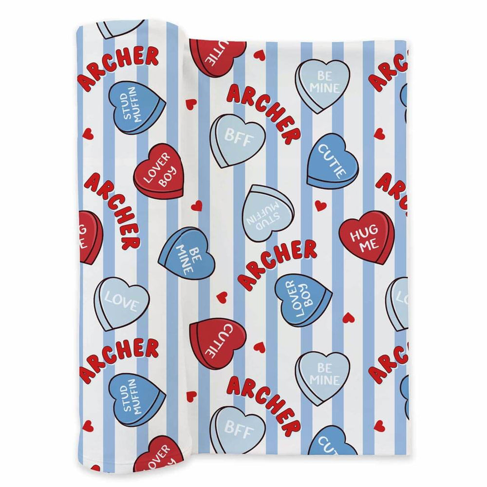 blue conversation heart and stripe personalized swaddle for newborn boys 