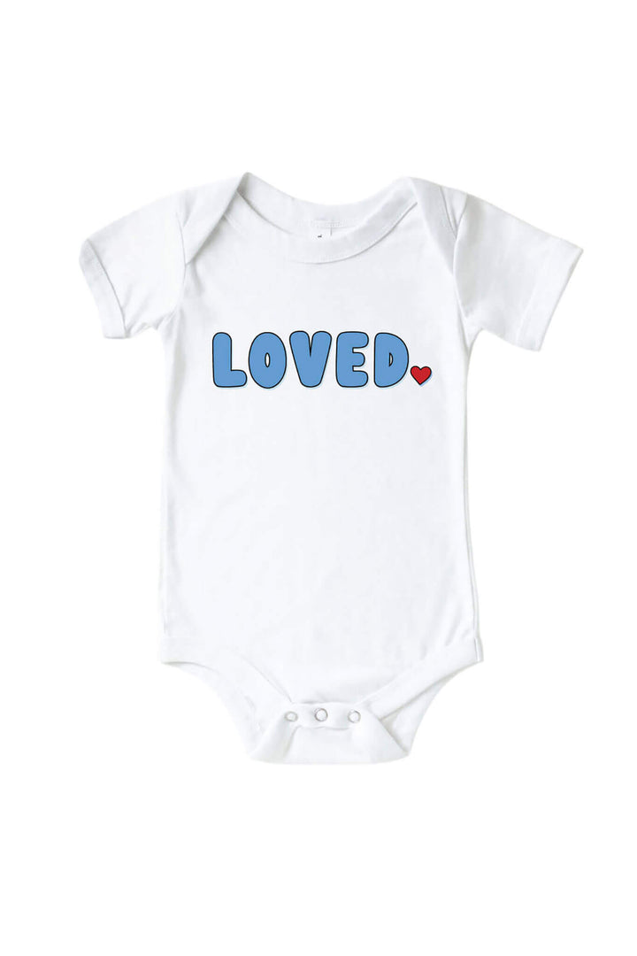 loved block font valentine's day graphic bodysuit for babies 