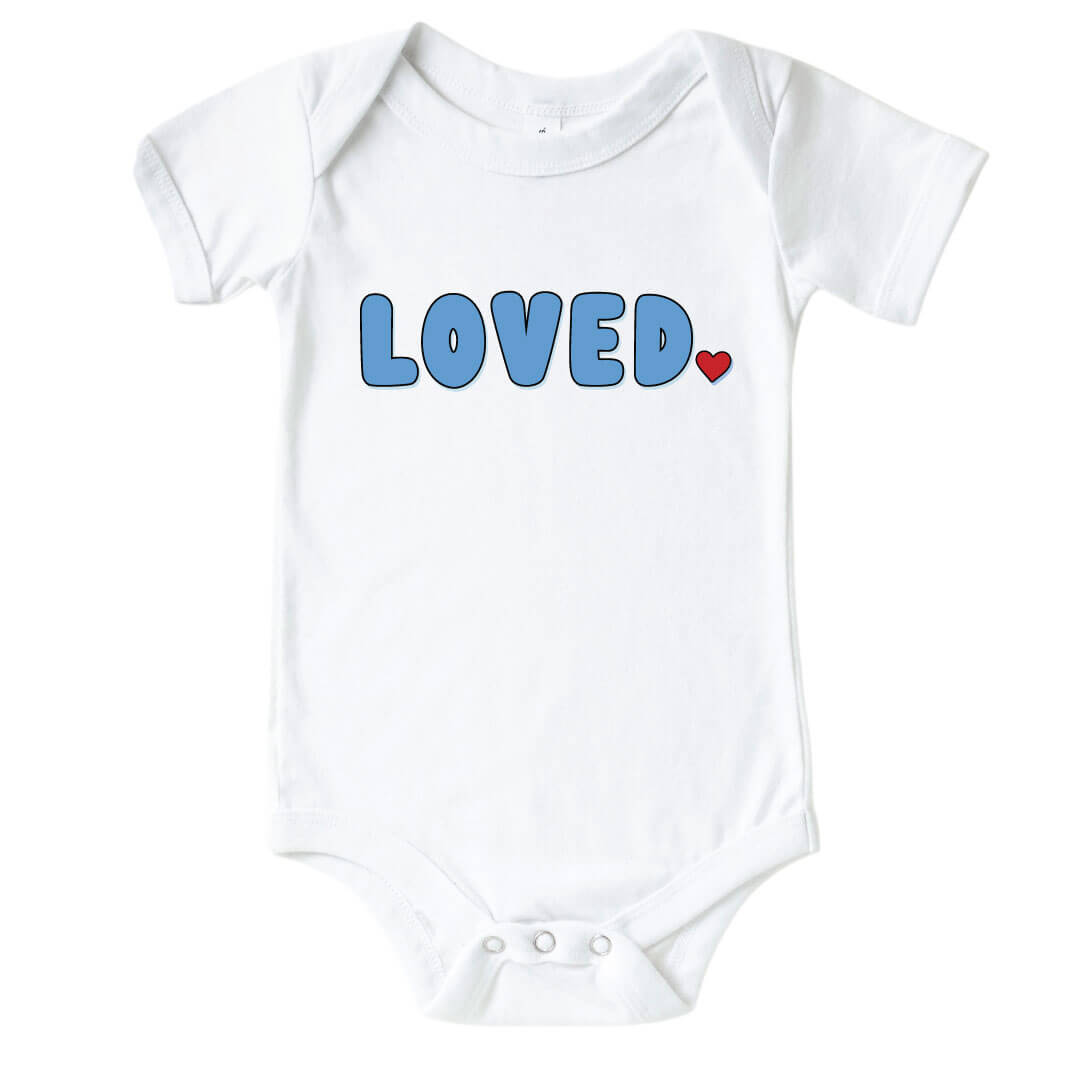 loved block font valentine's day graphic bodysuit for babies 