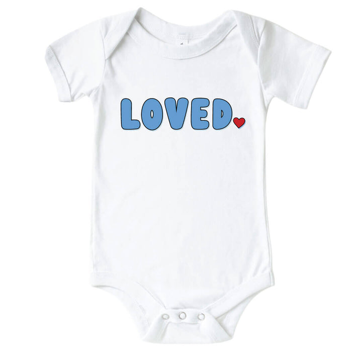 loved block font valentine's day graphic bodysuit for babies 