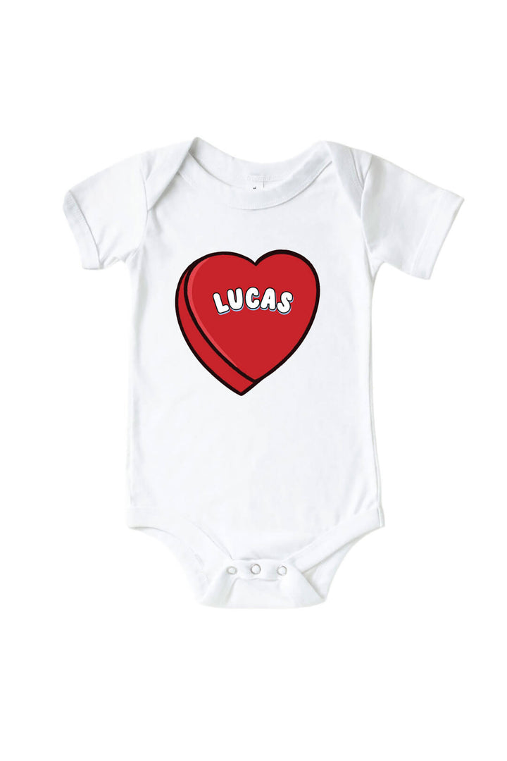 Personalized Red Candy Heart Graphic Bodysuit & Kids Tee | White