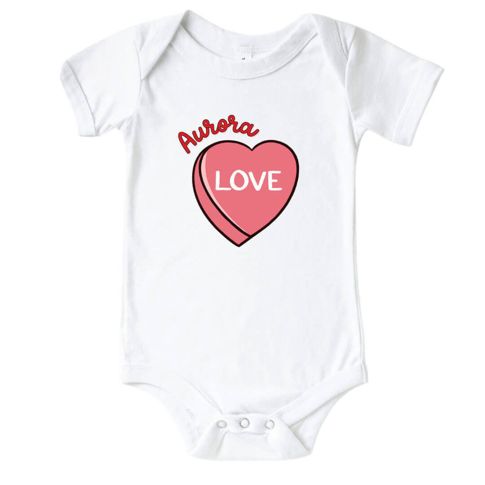 valentine's day candy heart personalized baby bodysuit 