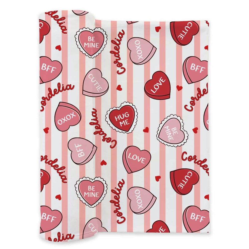 pink stripe and candy heart personalized swaddle blanket for girls 