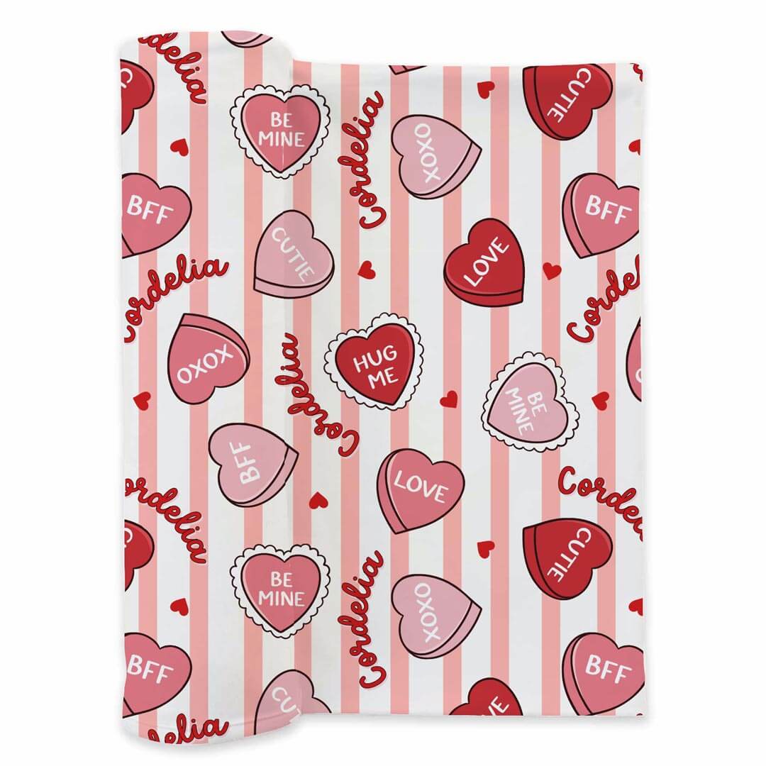 pink stripe and candy heart personalized swaddle blanket for girls 