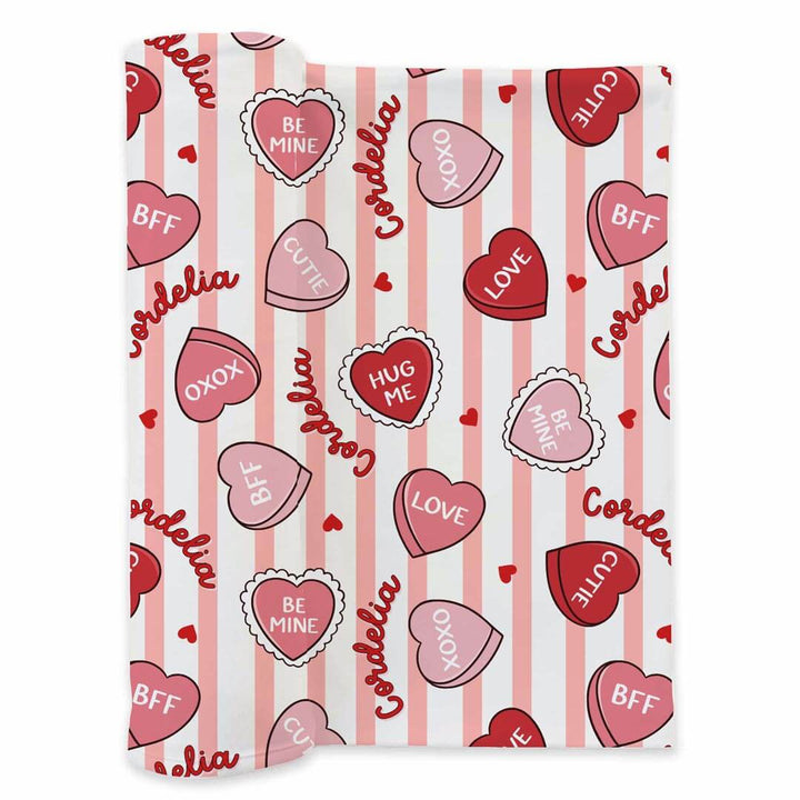 pink stripe and candy heart personalized swaddle blanket for girls 