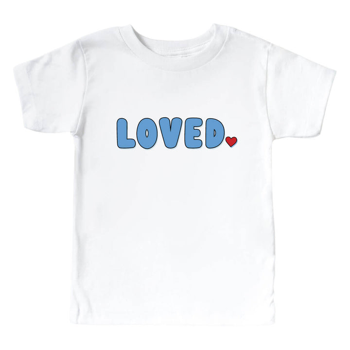 loved graphic tee for kids in blue block font with a heart period