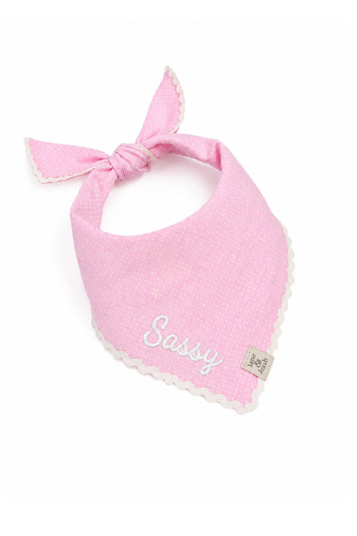 Pink polka dot pet bandana tied in a knot with white ric-rac lace trim, embroidered with the name Sassy in white script lettering