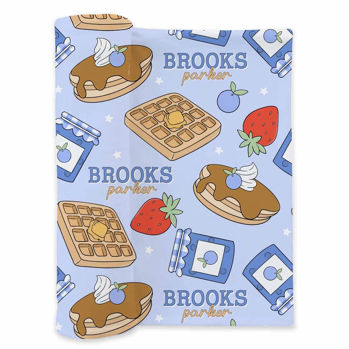 blue breakfast themed personalized swaddle blanket for boys 