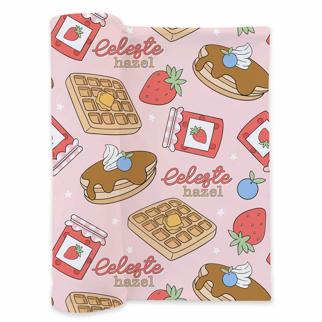 pink breakfast themed personalized swaddle blanket for girls 