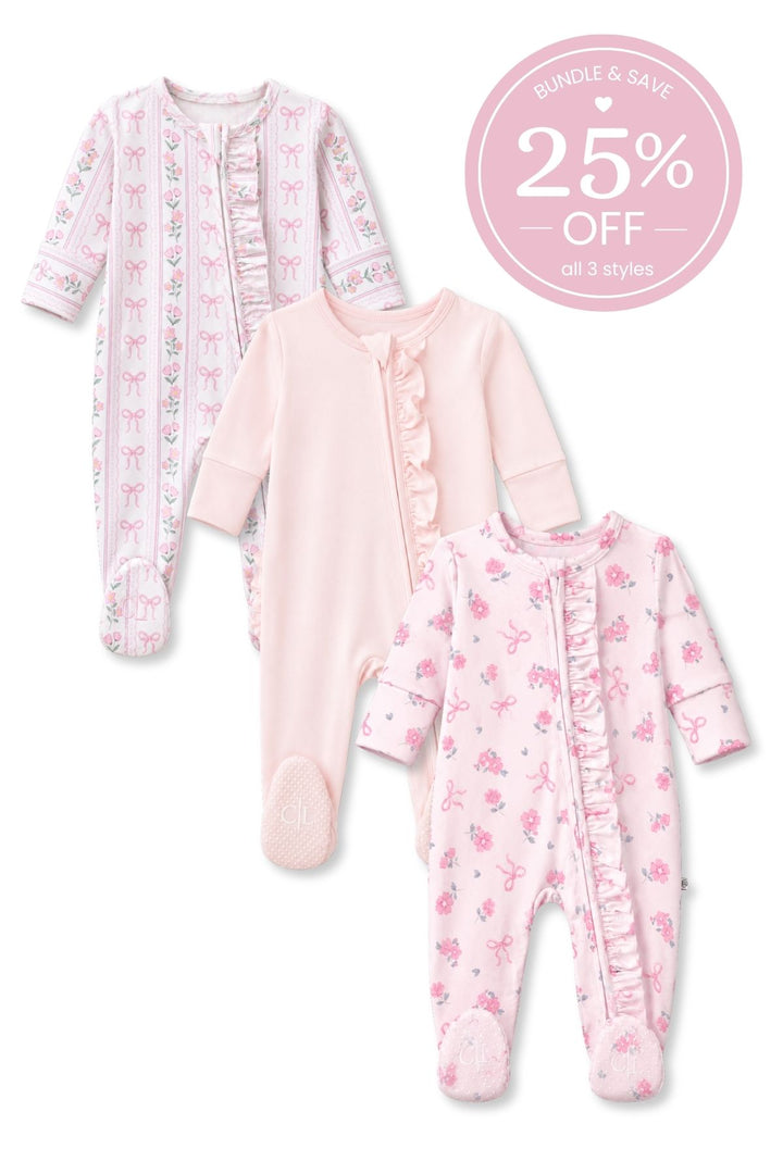Sweet Pinks Ruffle Zipper Footie Bundle