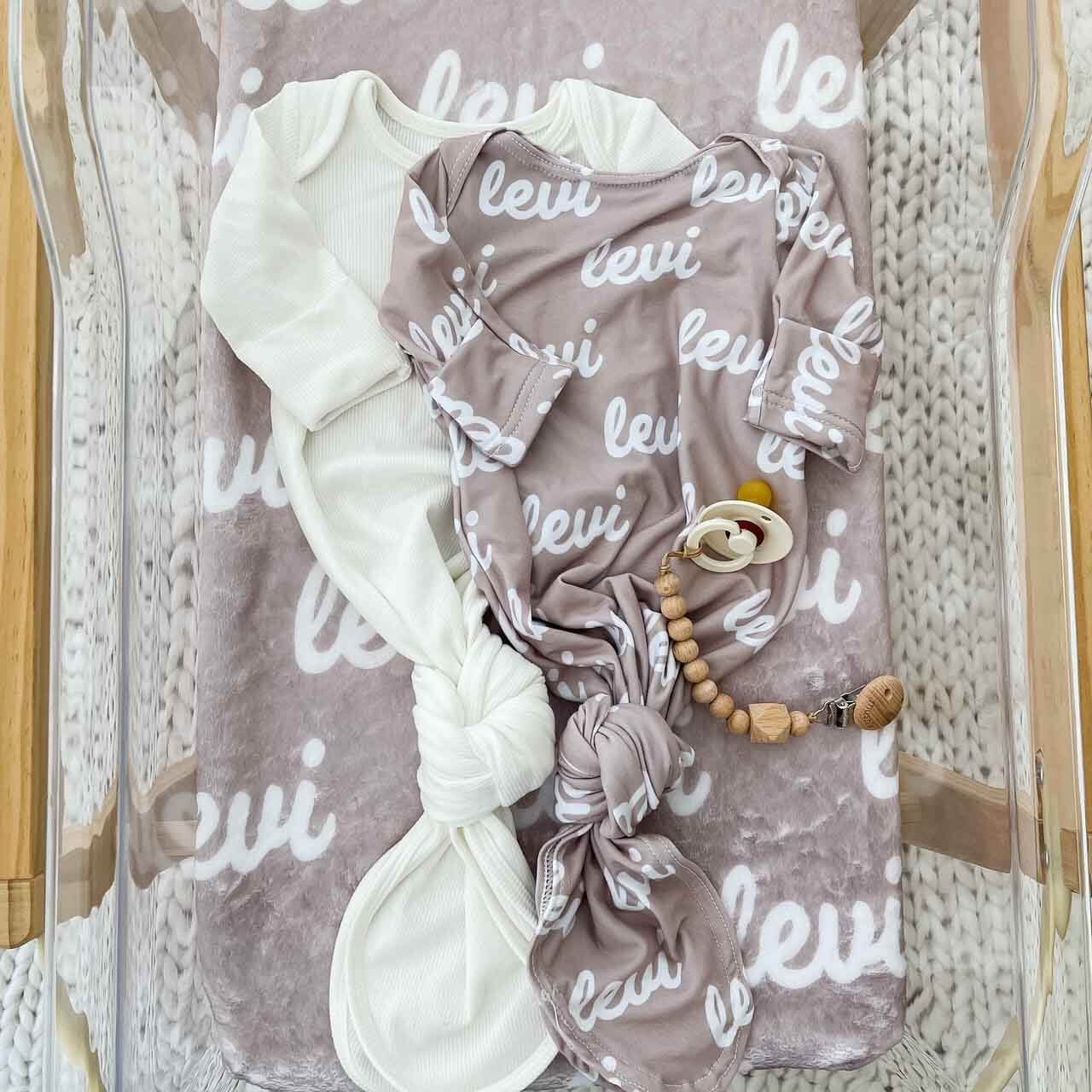 taupe personalized newborn knot gown