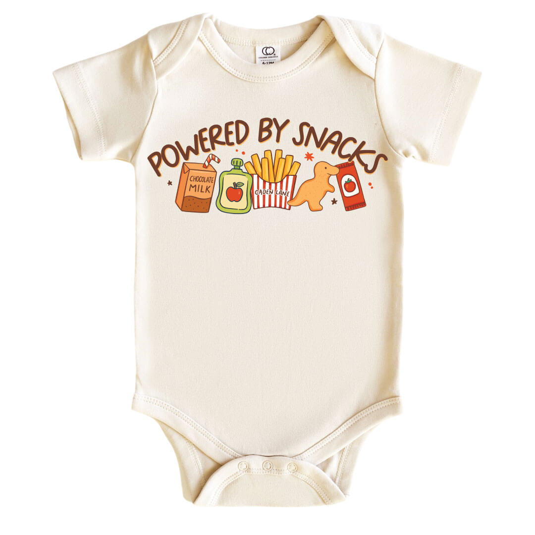 powered by snacks graphic bodysuits for babies 