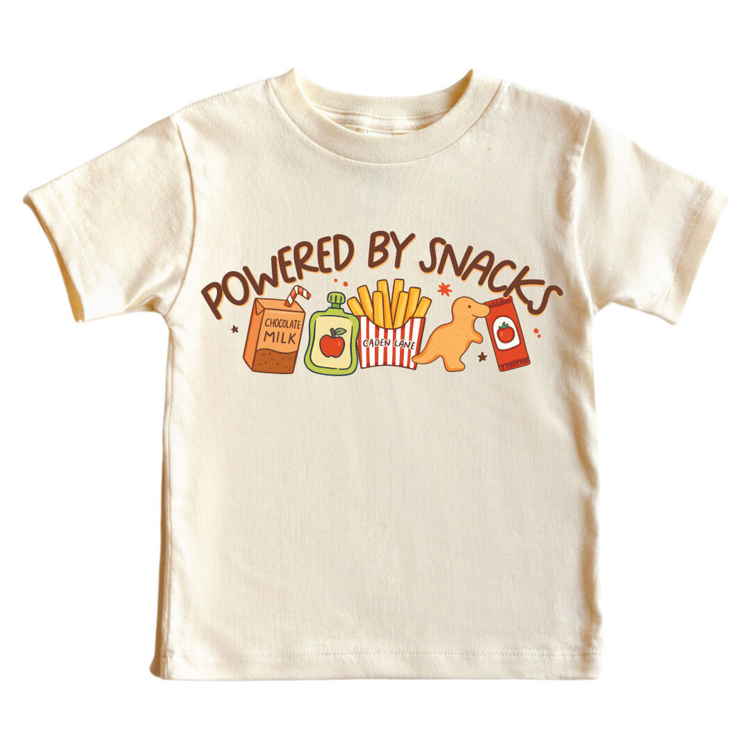 powered by snacks graphic tee for kids 