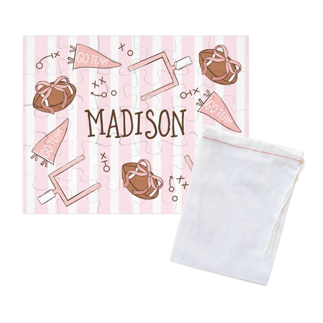 tiny touchdowns personalized football puzzle for girls with drawstring bag