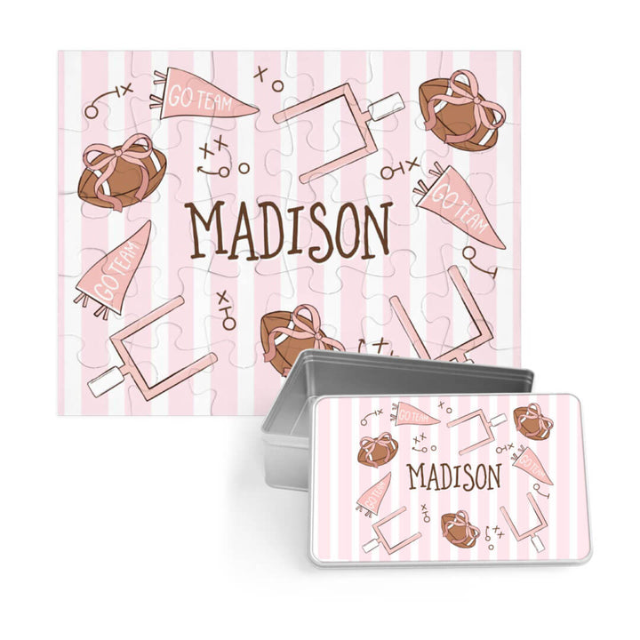 tiny touchdowns personalized puzzle with name tin