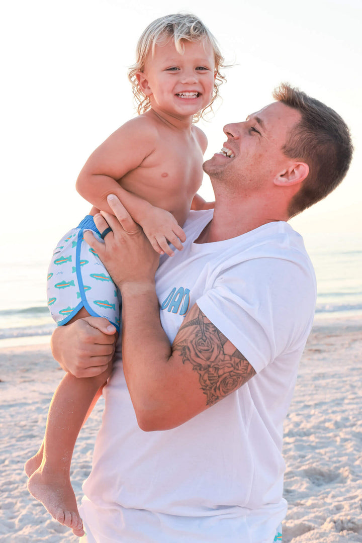 father son trout matching swim