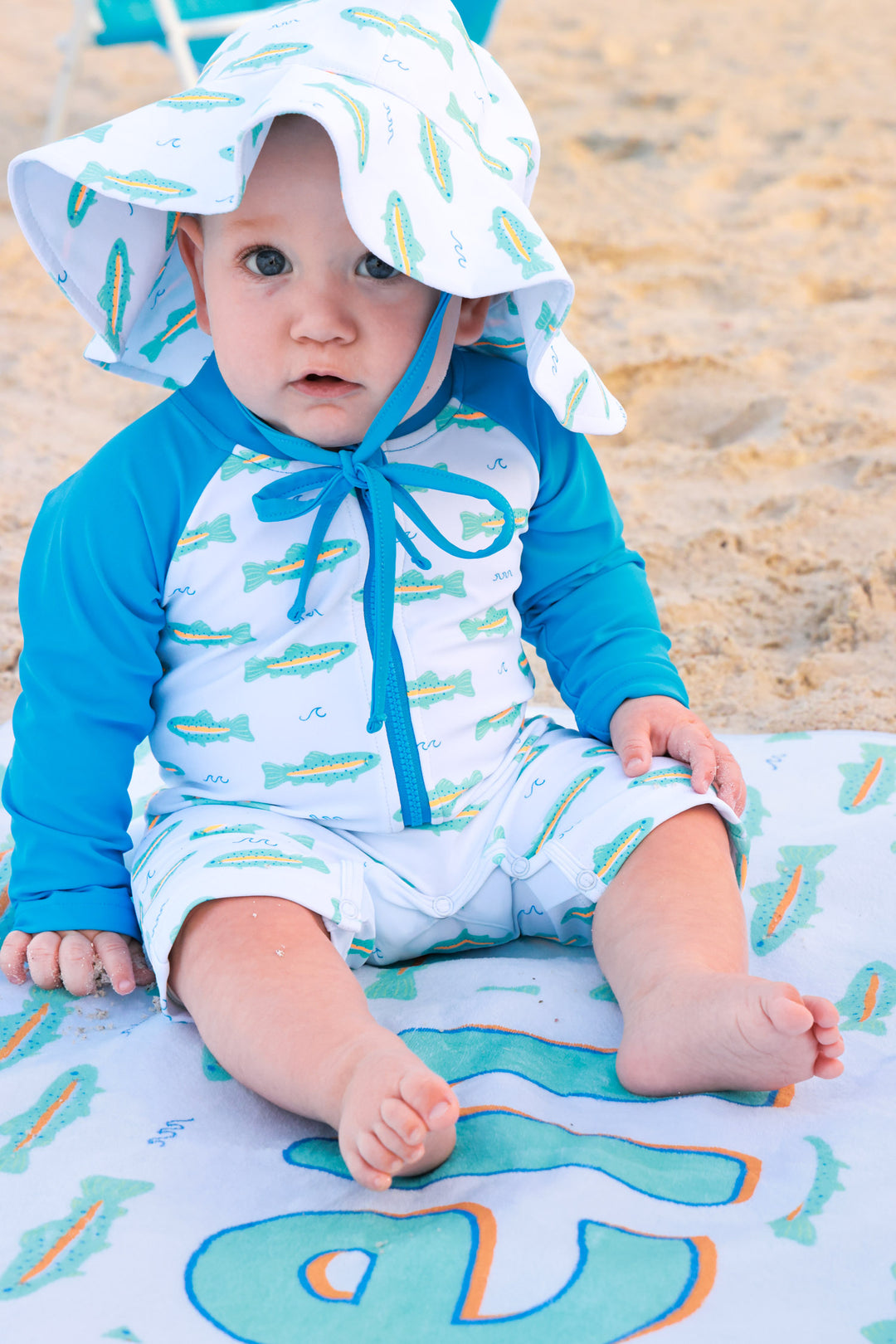 trout romper and sun hat for babies
